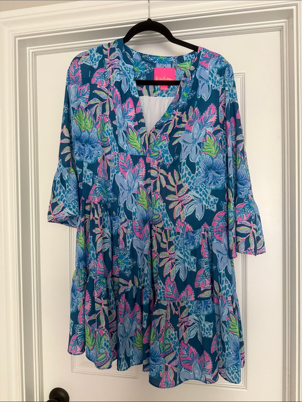 Lilly Pulitzer Teal Floral Mini Dress with Pink & Lime Accents
